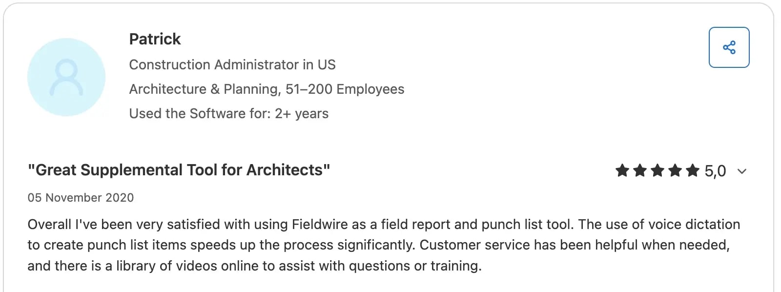 Capterra review describing Fieldwire’s punch list and field reporting