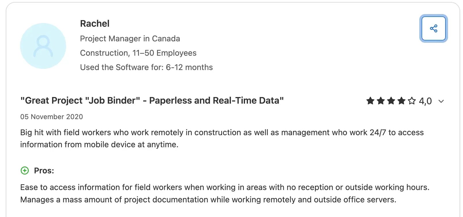 Capterra review praising seamless sharing of data from field workers to management