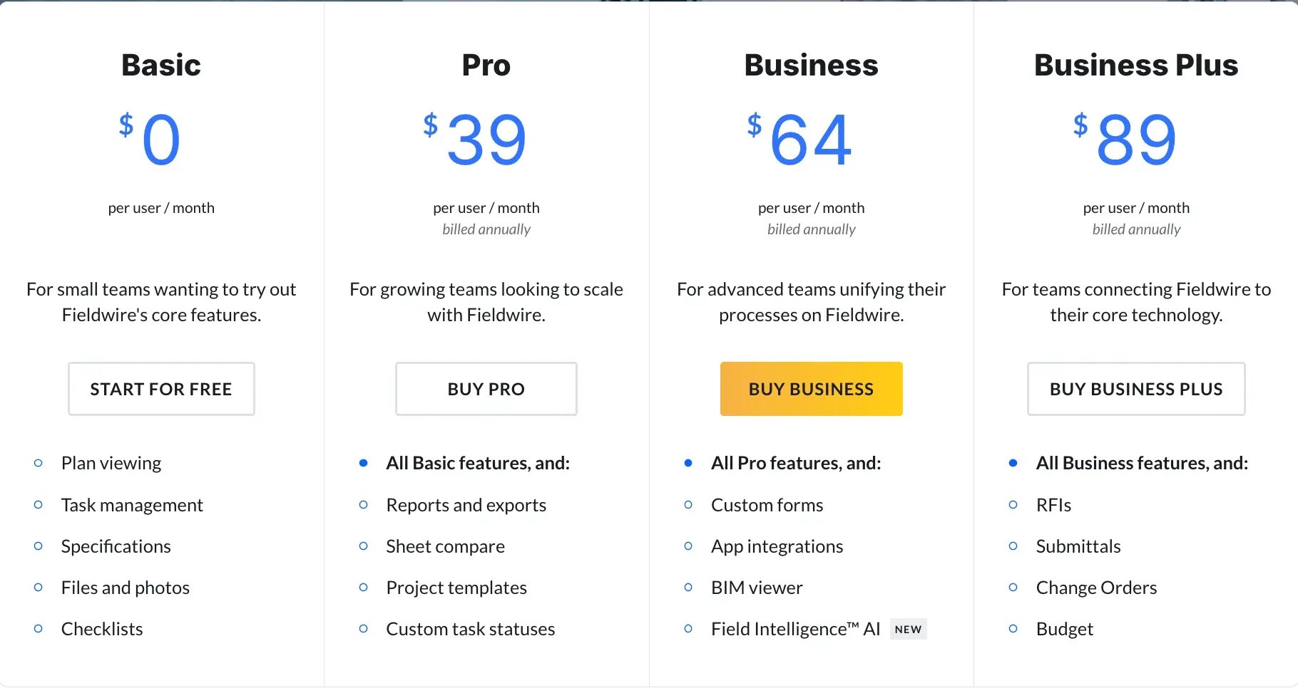 Fieldwire pricing page showing Basic and Pro tiers