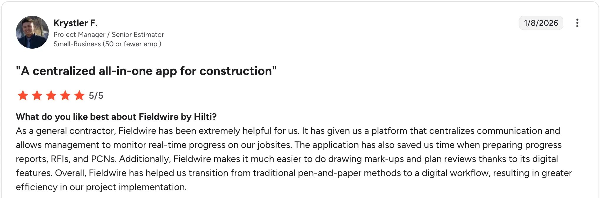 G2 review describing ease in drawing mark-ups and plan reviews